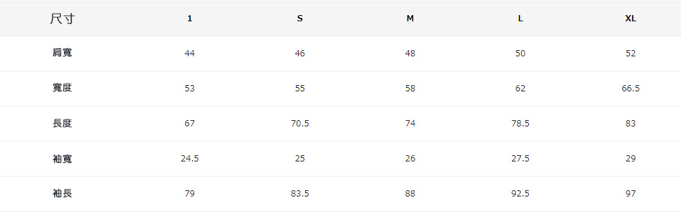 1MLXL肩寬44464850R52寬度5355586266.5長度6770.57478.583袖寬24.5252627.5297983.58892.597